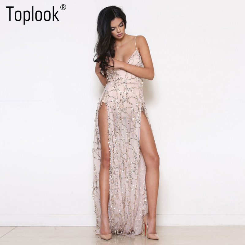 

Party Dresses Wholesale- Toplook Heavy Metal Long Dress Sequined Fringed Women Sexy Slit Dating Perspective Halter Evening Vestidos Female, Black