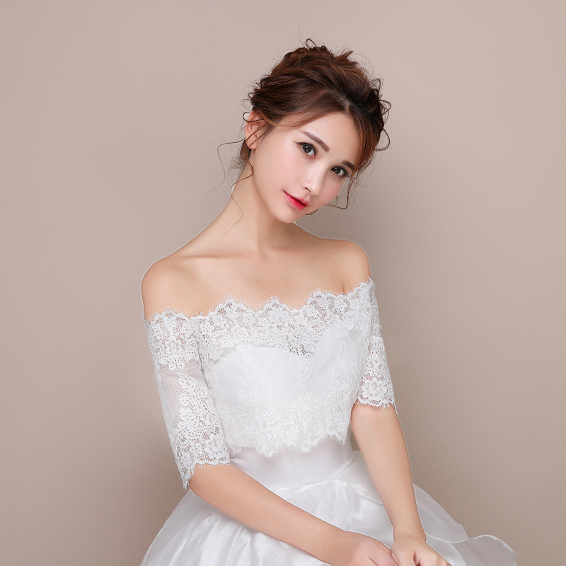 

Stunning Lace Boleros Summer Ivory Floral Lace Bridal Boleros Sexy Strapless Lace-up Back Short Sleeves Wedding Accessories 2017 Cheap