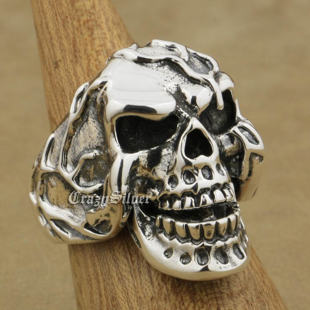 

LINSION 925 Sterling Silver Jaw Openable Skull Ring Mens Biker Rock Punk Ring 9M020 US Size 7~15