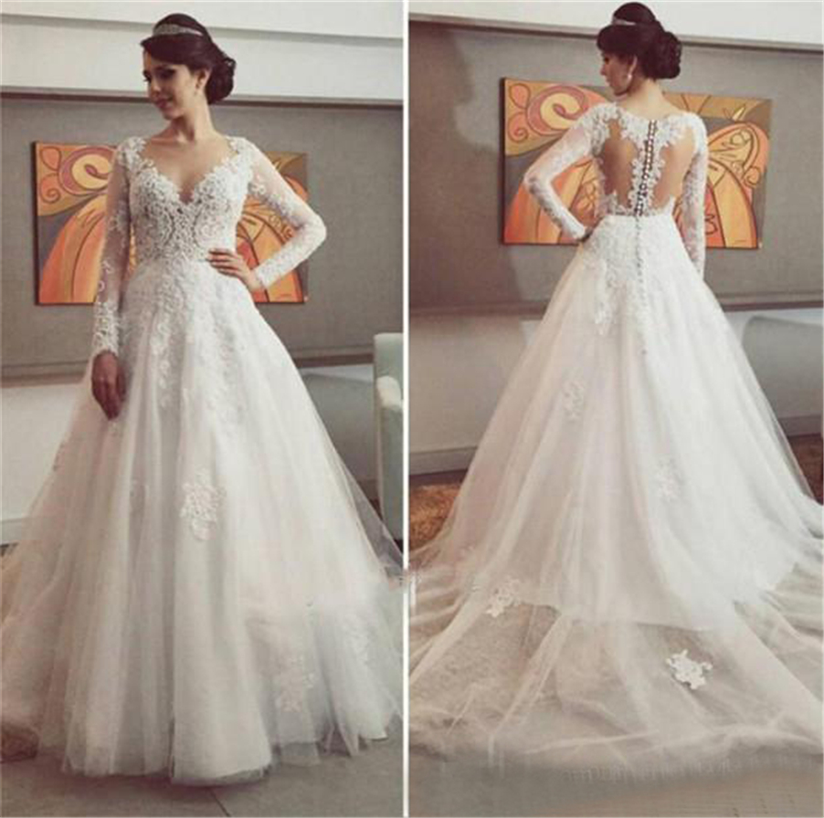 

A-line Princess Style Long Sleeves Wedding Dresses Tulle Appliques Lace Vintage Bridal Gowns For Women Vestidos De Novias Baratos, Gold