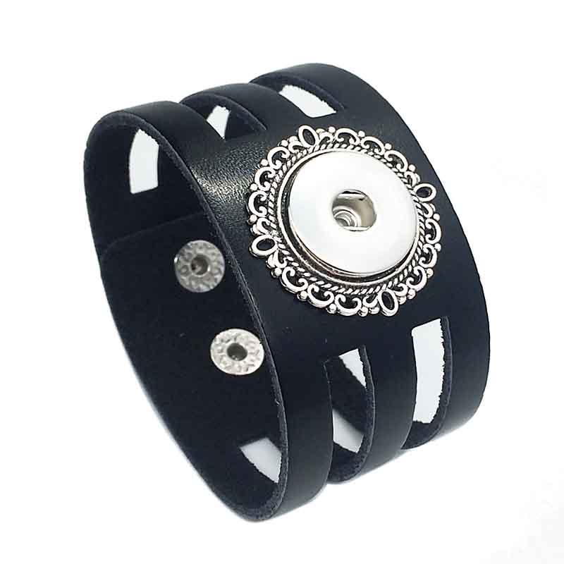 

Fashion Punk Black Bracelet 072 Interchangeable Really Genuine Leather 18mm Snap Button Bangle Charm Jewelry For Women Men Gift, Golden;silver