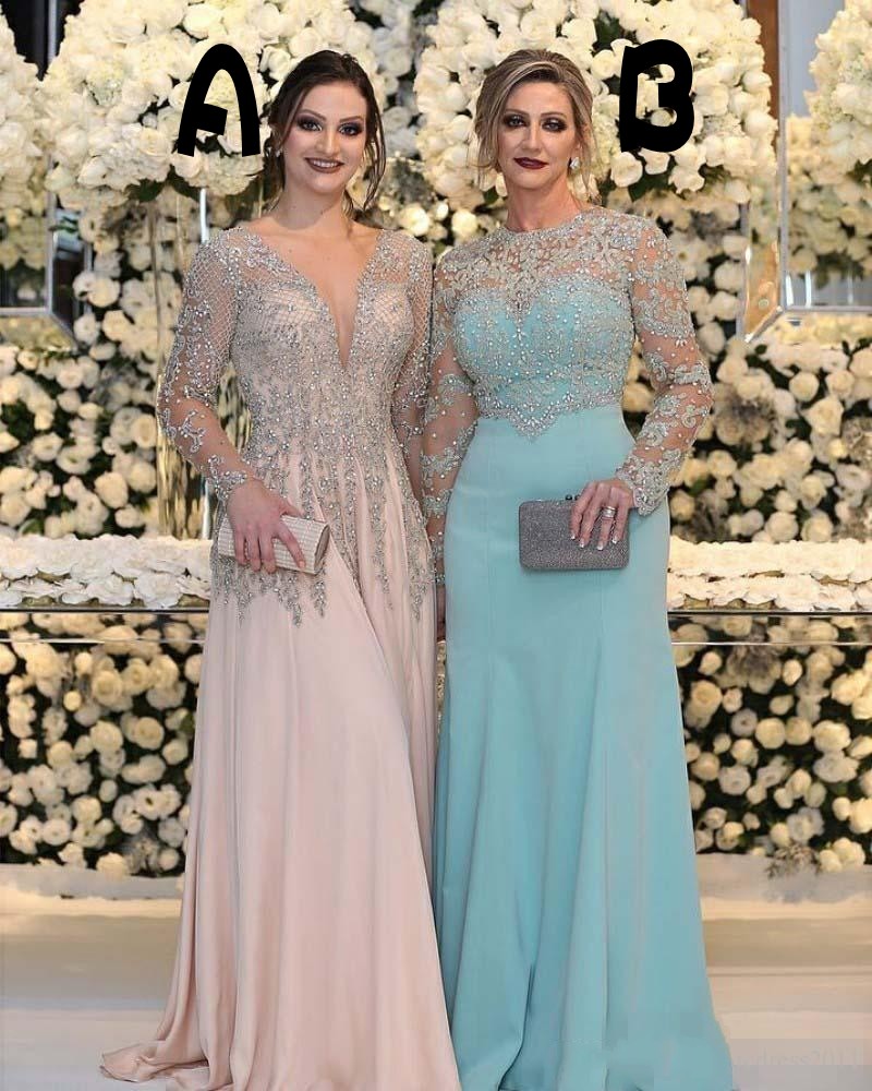 

2021 Luxury Sexy Mother Of The Bride Dresses Deep V Neck Long Sleeves Silver Crystal Beaded Chiffon Plus Size Party Dress Evening Gowns Open Back Blush Pink Nude