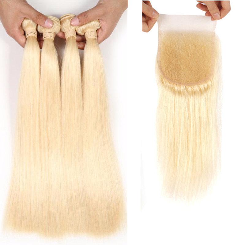 

Peruvian Hair 4 Bundles with Closure #613 Blond Silk Straight Hair Closure Peruvian Virgin Human Hair Bundle with Lace Closure Free Part, Blonde