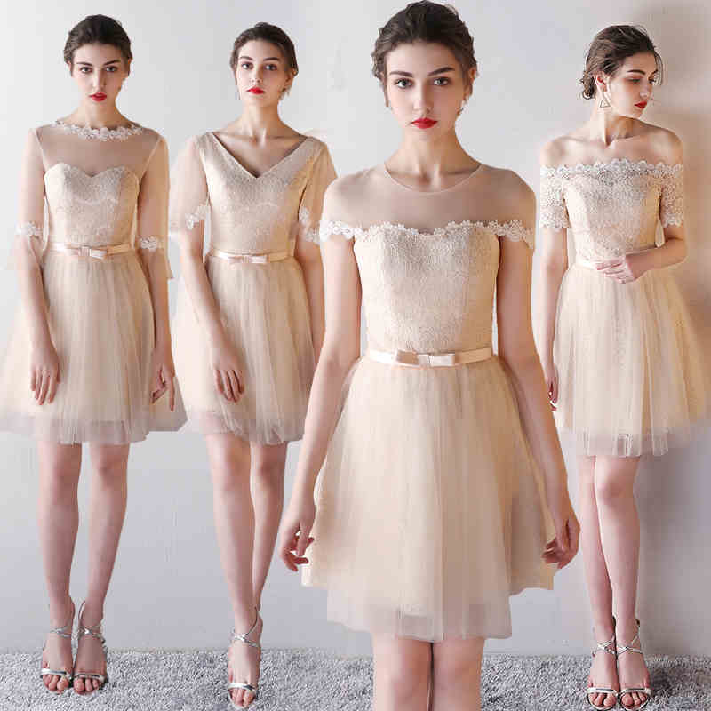 

Light Champagne Bridesmaid Dress Knee Length tulle Lace Bridesmaid Dresses Lace-up Back Country Wedding Party Dress Cheap In Stock Fast Ship, C style