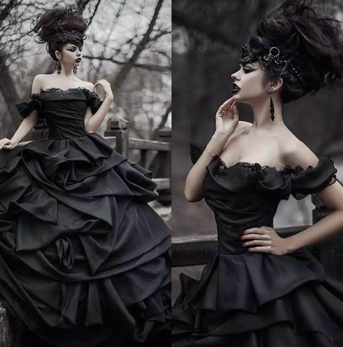 

Off Shoulder Black Gothic Wedding Dresses Pick Up Satin Tiered Pleat Lace Victorian Bridal Gowns Plus Size Corset Back Custom Made, White