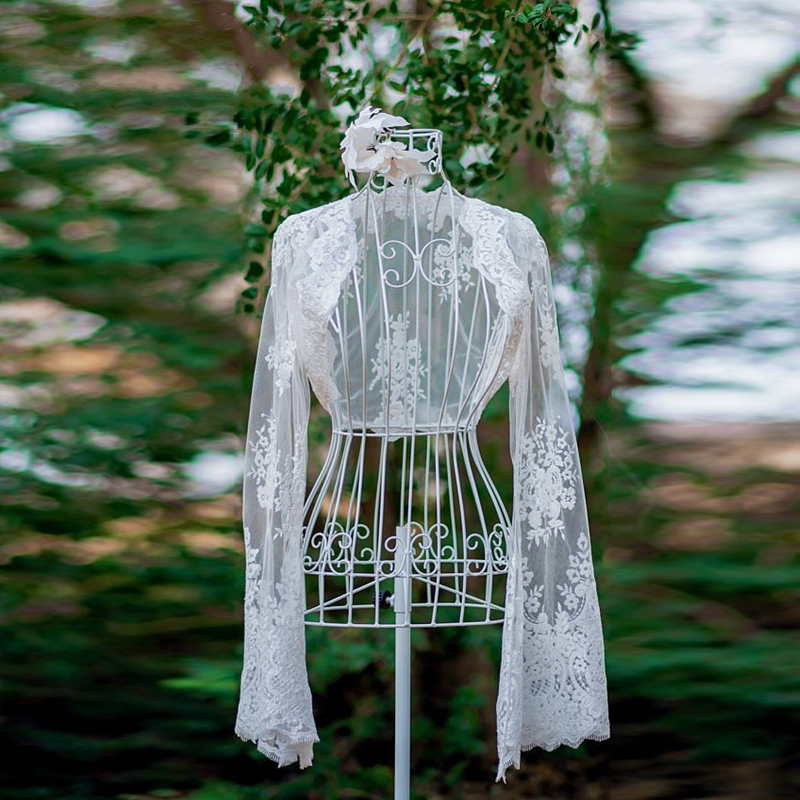 

Long Sleeves Lace Wedding Jackets Bolero Custom Made White Ivory Bridal Bolero Jackets Trumpet Sleeves Bolero Jackets, Navy