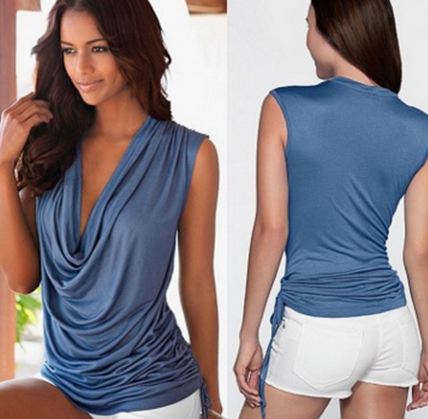 

New Design 2017 Spring Summer Sleeveless T Shirt Women Collar Hem Elastic Casual Ladies T Shirt Size S- Free Shipping, As picture show