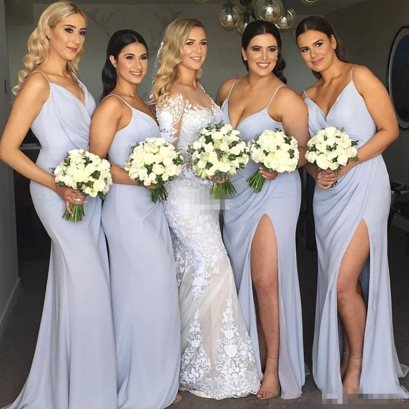 

Sexy Deep V Neck Bridesmaid Dresses Light Blue Side Split Chiffon Floor Length Plus Size Beach Wedding Elegant Cheap Formal Dresses