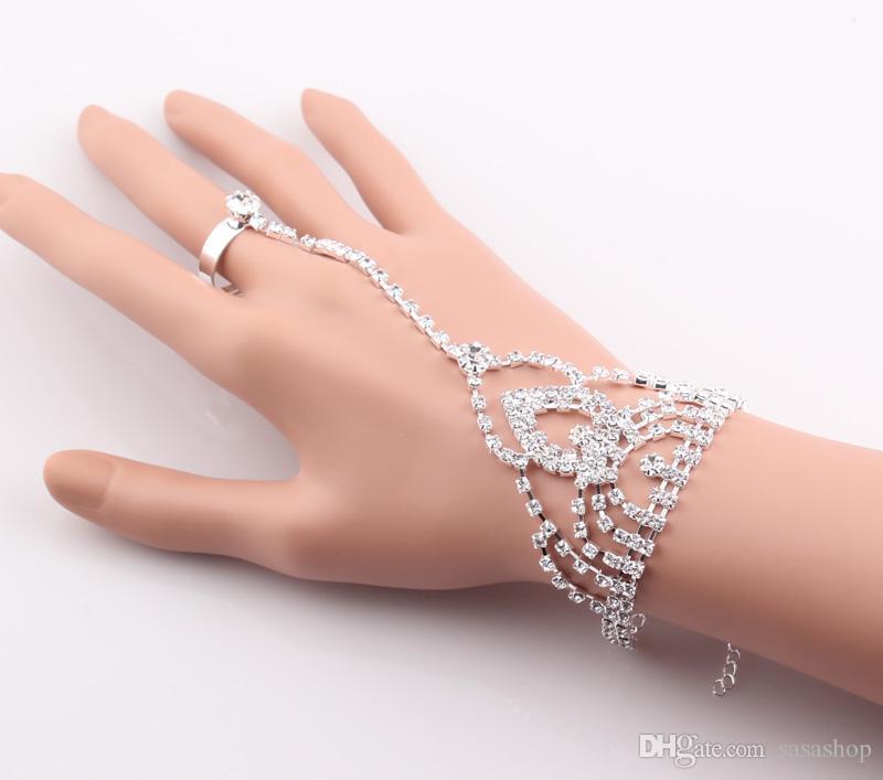 

Fashion Crystal Bridal Bride Bracelet Ring Hand Chain Shining Rhinestone Wedding Jewelry Set Wedding Bridal Rhinestone Accessories, White