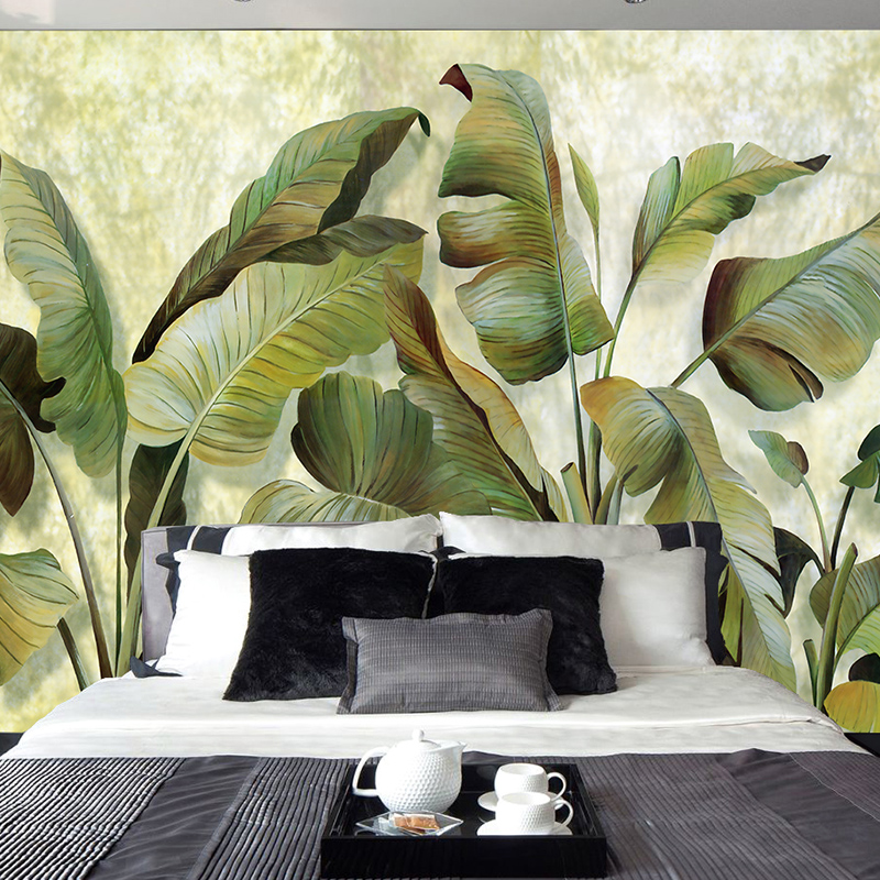 

Wholesale- Custom Mural Wallpaper Southeast Asian Tropical Green Banana Leaf Wallpaper Bedroom Living Room Background Wall Decor Wallpaper, As pic