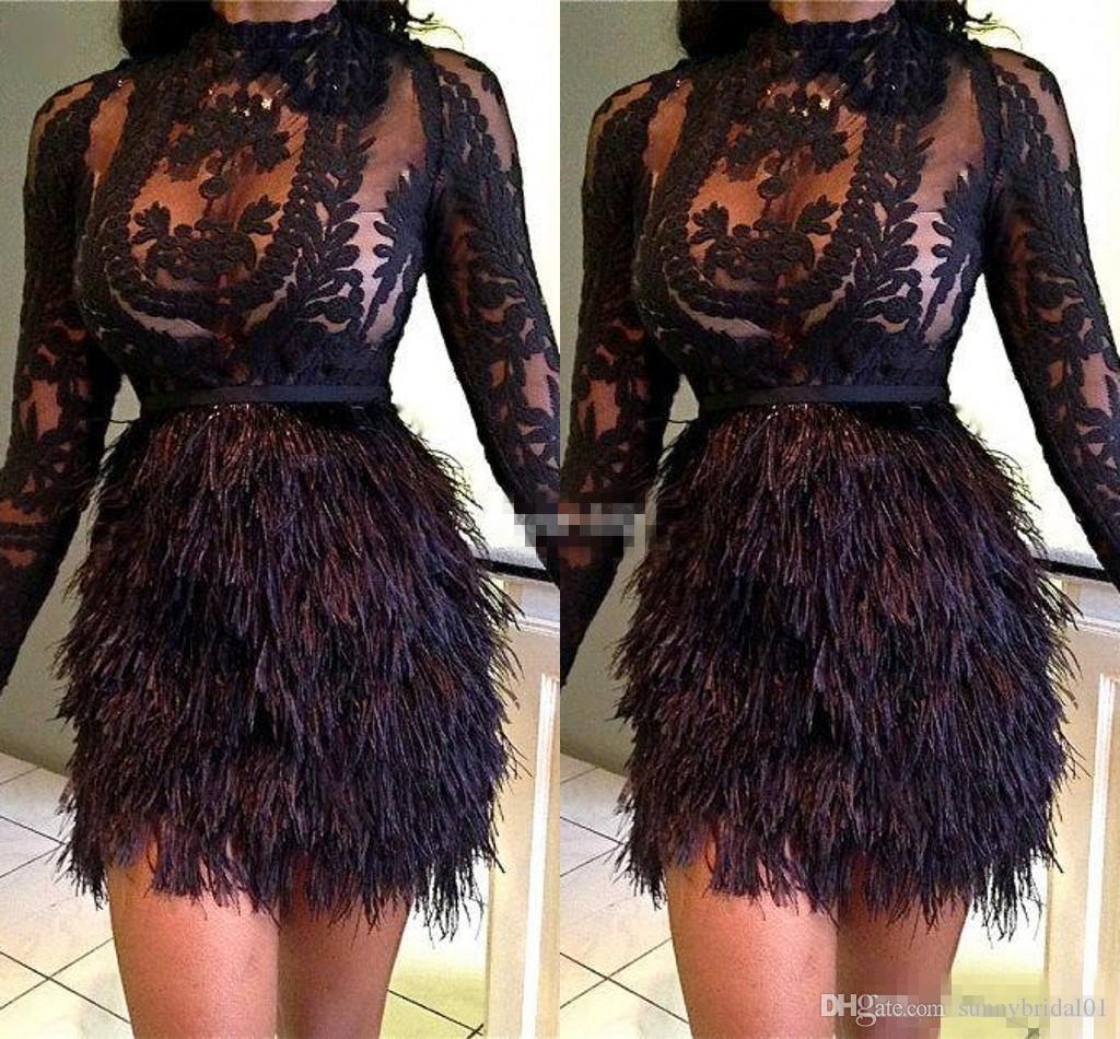 

Design Fashion Christmas Feather Cocktail Dresses Black Celebrity Evening Dresses Mini Long Sleeves Short Party Prom Dress Vestidos 2019, Same as picture