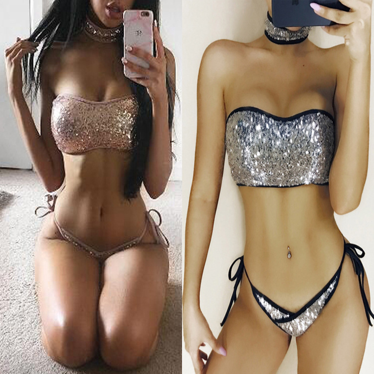 Women Bikini Swimwear Swimsuit Split Sequins Bikinis Beachwear Swimsuits Sequins Sexy Beachwear Sequins Swimsuit-image-400408230