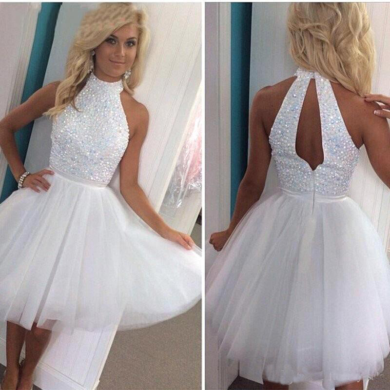 

White Short Homecoming Dresses Beading Halter Neck Tulles Mini Cocktail Dresses Sleeveless Pageant Girls Skirt, Champagne