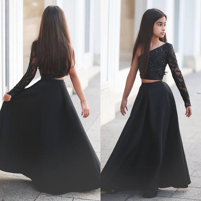 

Arabic Said Mhamad Black One Shoulder Long Sleeve Kids Prom Dresses A Line Two Piece Beaded Flower Girls Dresses 2017, Custom made from color chart