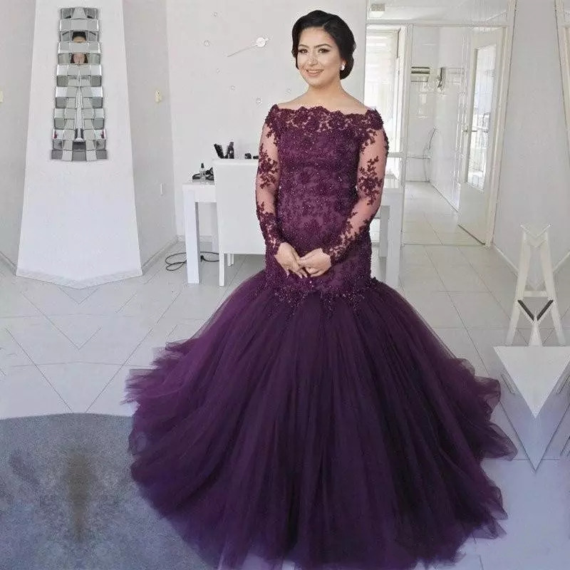

Elegant Purple Mermaid Evening Dress Boat /Beteau Neckline Sleeve Tulle Applique Grom Gown Formal Occasion Wear Plus Size Dress, Silver
