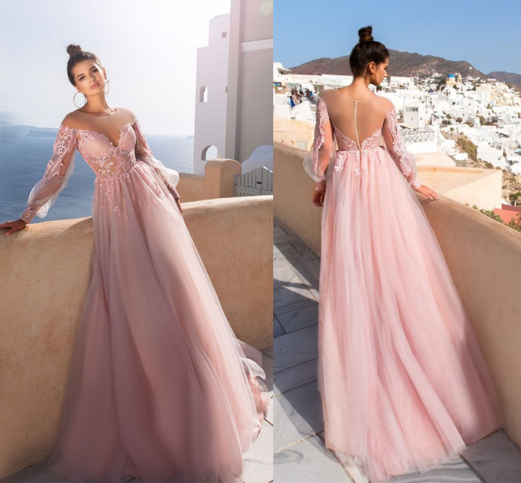

Blush Pink Long Sleeves Evening Dresses Sheer Neck Off Shoulder Appliques Illusion Tulle Floor Length Evening Gowns Beach Party Dresses, Dark red