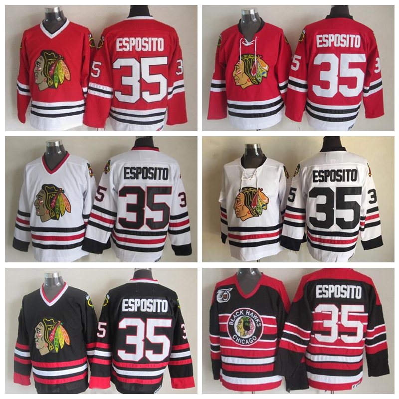

Vintage Chicago Blackhawks Hockey Jerseys #35 Tony Esposito Home Red Vintage Tony Esposito 75th Anniversary Black Stitched Jersey S-XXXL, 35 75th black