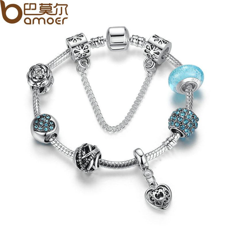 Vente en gros-2016 Bamoer Vente chaude Bracelet vintage Bracelet en plaqué Argent Bracelets à fleurs avec perles de verre Fille Bracelets Accesso
