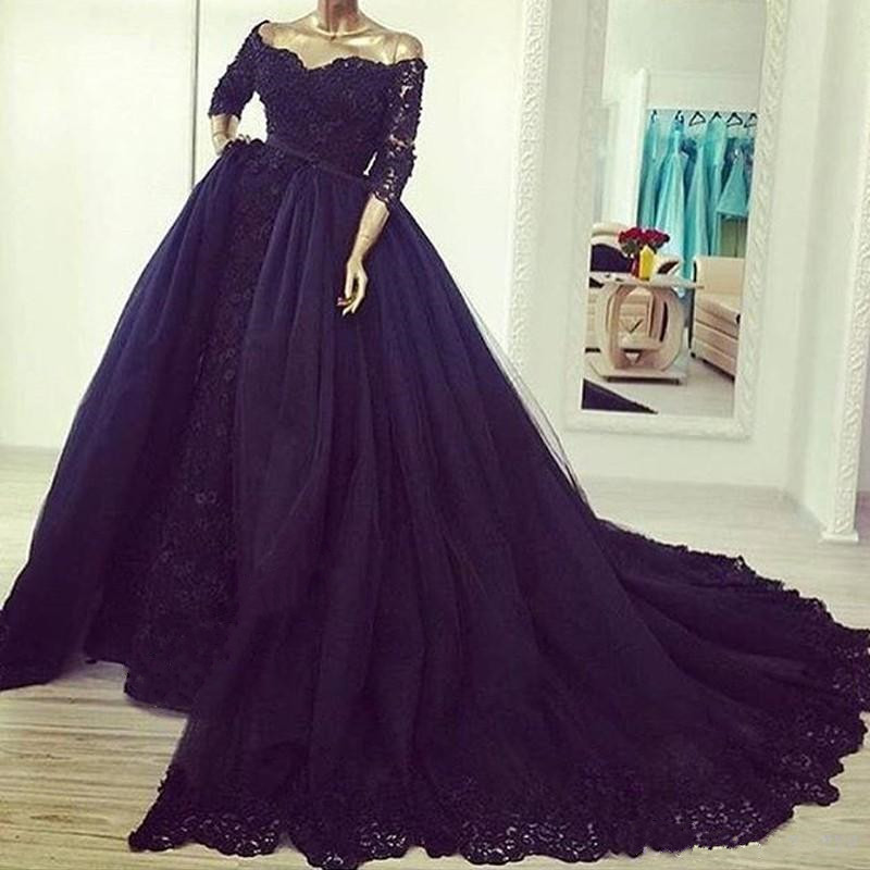 

2018 Elegant off the Shoulder Formal Black Lace Evening Dresses Long 3/4 Sleeves A Line Prom Celebrity Gown with Overskirts, Dark red