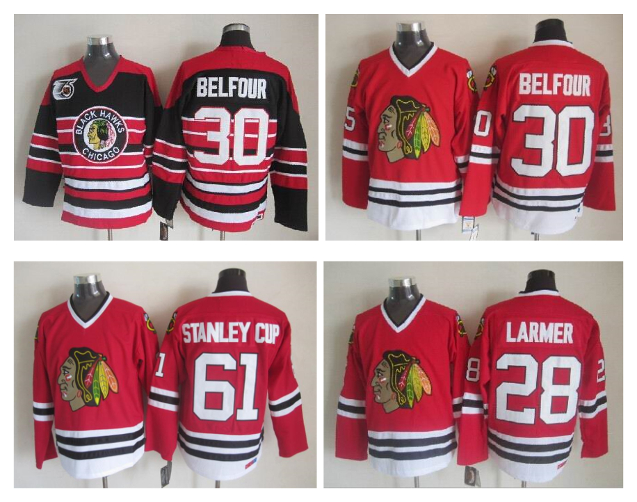 

Chicago Blackhawks Hockey Jersey 28 Steve Larmer 30 Ed Belfour 61 Stanley Cup Vintage CCM Authentic 100% Stitched Jerseys, As pic