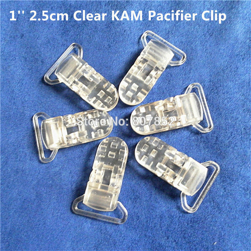 

Wholesale-50pcs 1'' 25mm Clear Transparent KAM Plastic Baby Pacifier Dummy Soother holder Chain Clips Suspenders Clips for 2.5cm ribbon