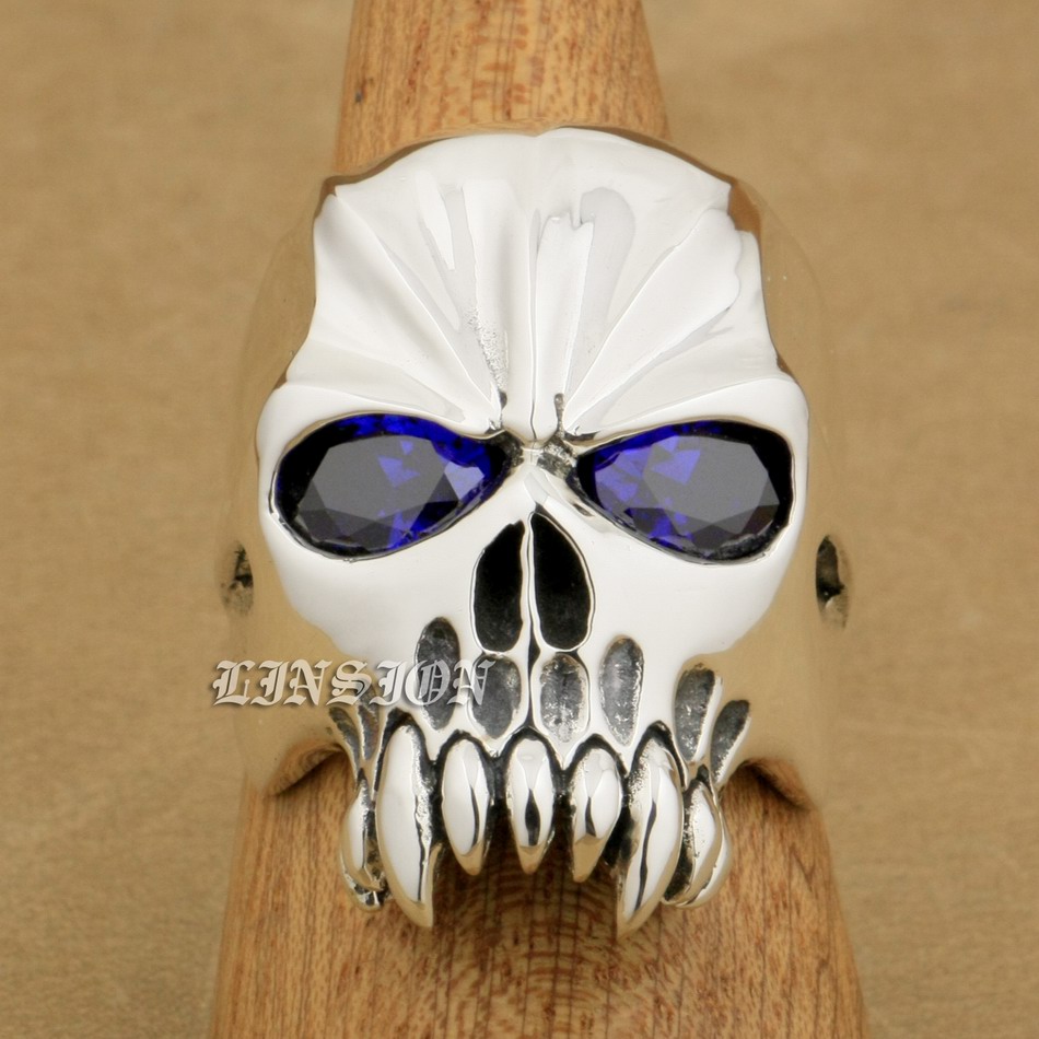

LINSION Huge Heavy 925 Sterling Silver Purple CZ Eyes Skull Mens Biker Rocker Punk Ring 9M404 US Size 7~15