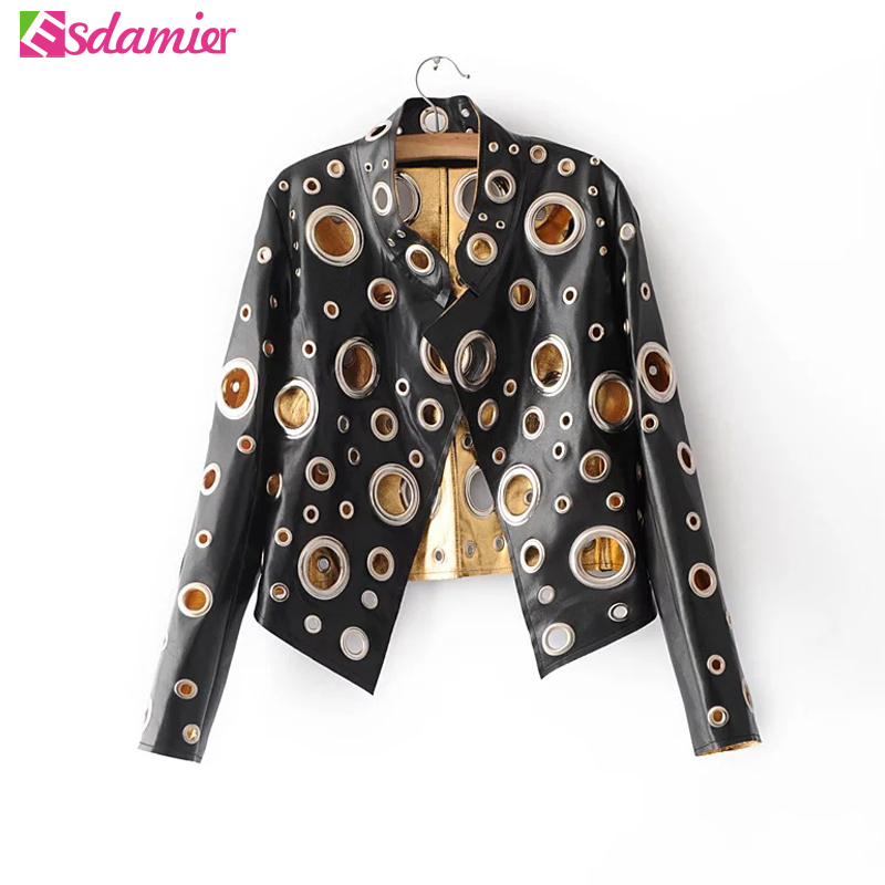

Wholesale- New 2017 Punk Hollow Out Leather Jacket Black Gold Silver Metal Loops Stitching Women's Jacket Fashion Motor Jacket Faux Leather, Black;brown