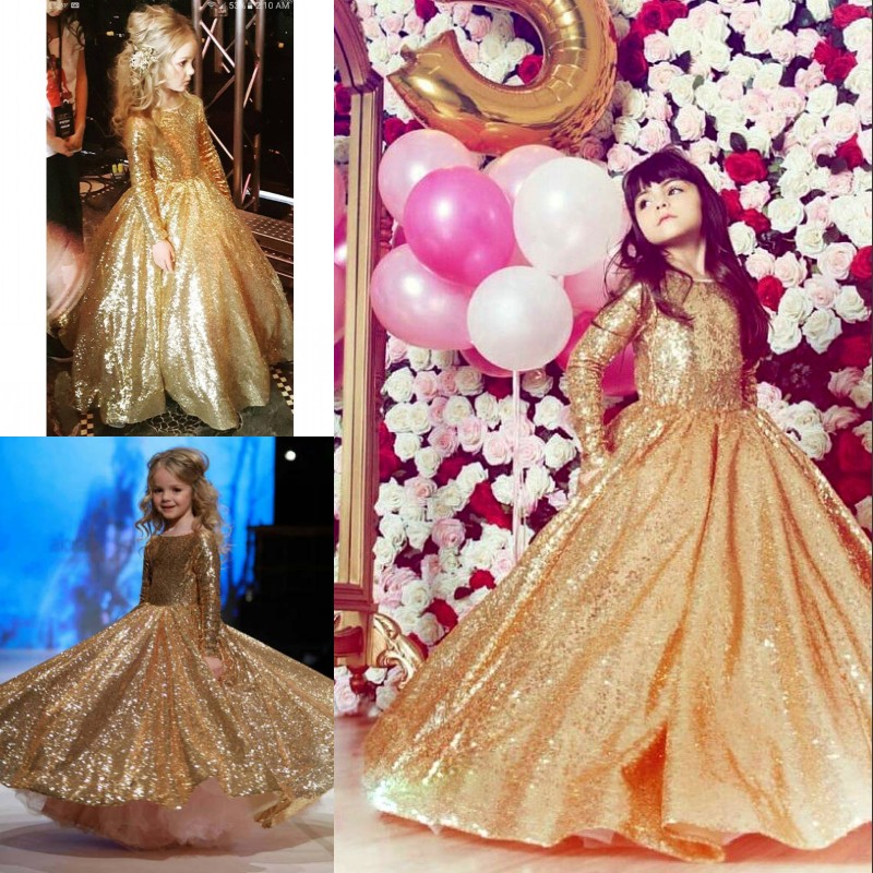 

Gorgeous Golden Sequins Pageant Dresses 2017 New Arrival Glittering Flower Girl Dress For Wedding Luxury A-Line Long Sleeve Birthday Dresses, Custom made from color chart