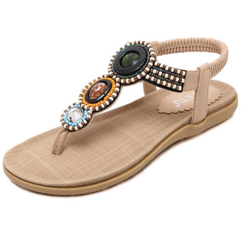 

2017 summer new fashion women's sandals Bohemia beaded soft beach sandals casual large size flat-bottomed driving sandals 35-42, Apricot