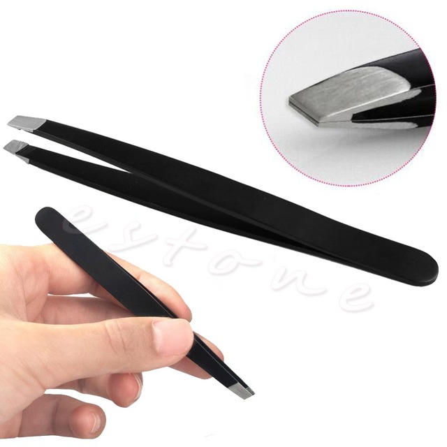 

Wholesale- Black Eyebrow Tweezers Hair Beauty Slanted Stainless Steel Tweezer Tool