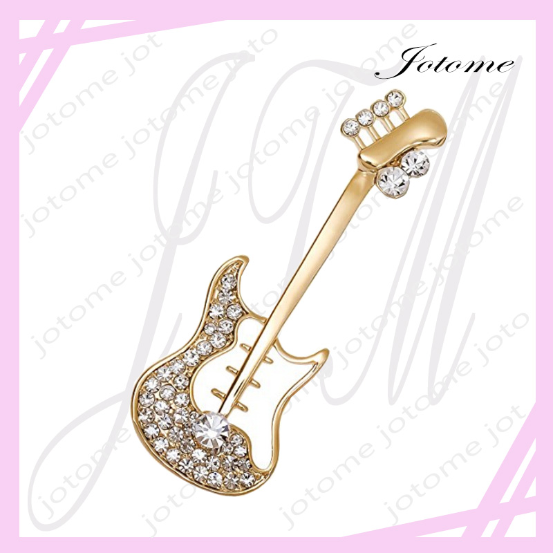 

100PCS/Lot Valentine's Day Fashion Gold Tone Corsage Guitar Brooches Clear Crystal Musician Accessories Brooch Pin