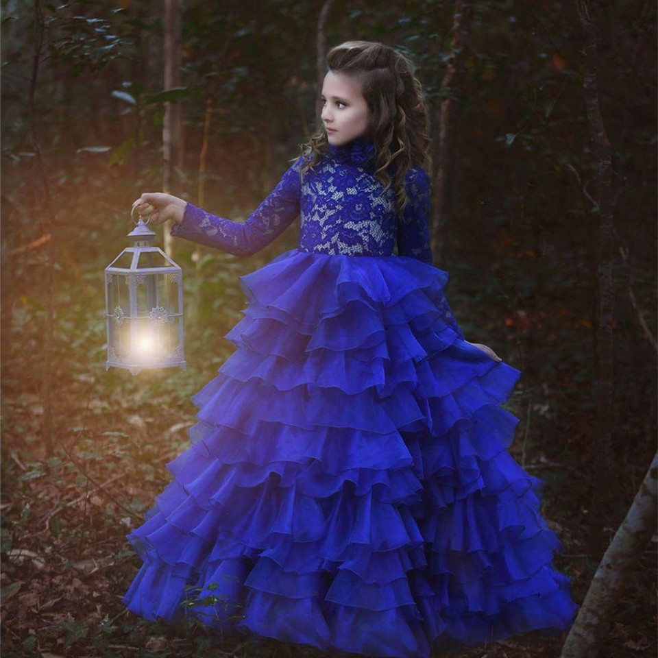 Nouvelle Arrivée Robes De Fille De Fleur Royale Bleu À Manches Longues À Manches Longues Robe De Bal Dentelle Appliques Première Communion Pagean
