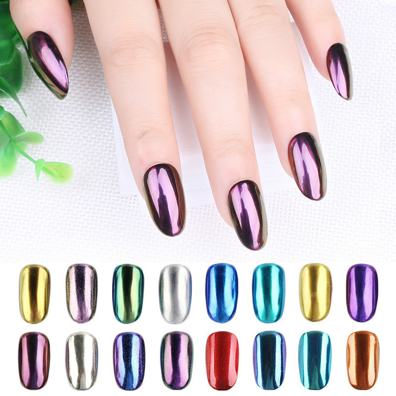 

16 colors Shinning Chrome Magic Mirror Metal Nail Art Tips Decoration Pigment Glitter Dust Tools DIY Manicure + Sponge Brush 2g