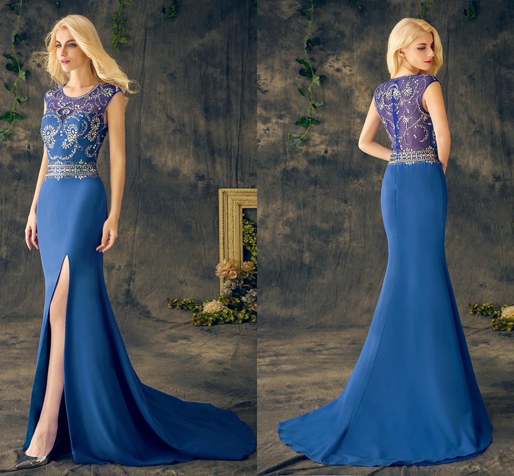 De vraies robes de soirée bleu bal bijou de cou manche manches Sexy Split perles de cristal sirène pas cher formelle robe de bal EV119