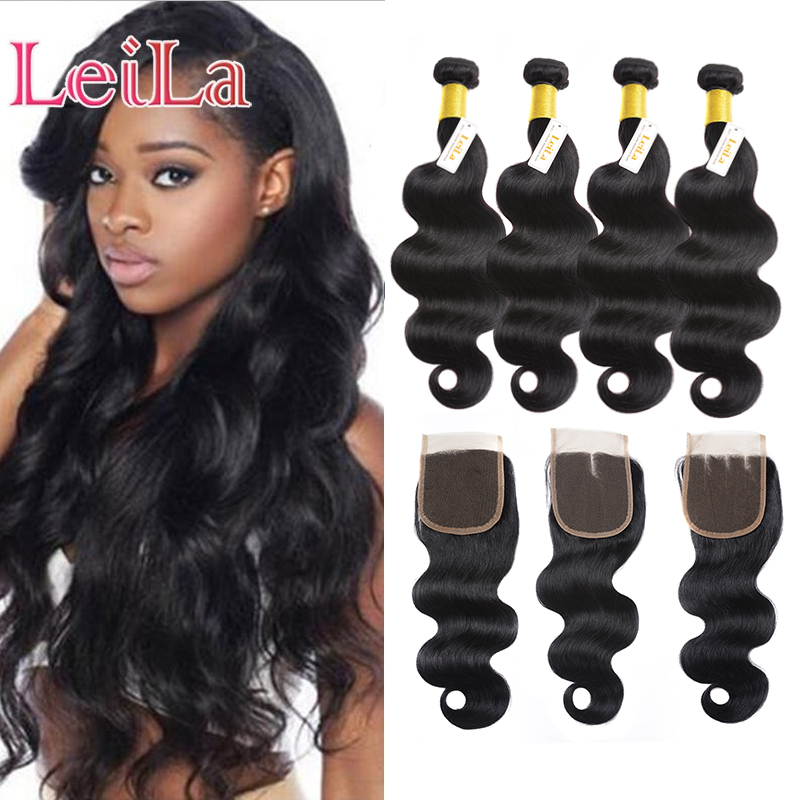 

Indian 4 Bundles With 4x4 Lace Closure Body Wave Unprocessed Human Hair Virgin Hair 6inch-28inch Hair Weft Extensions Dyeable, Natural color