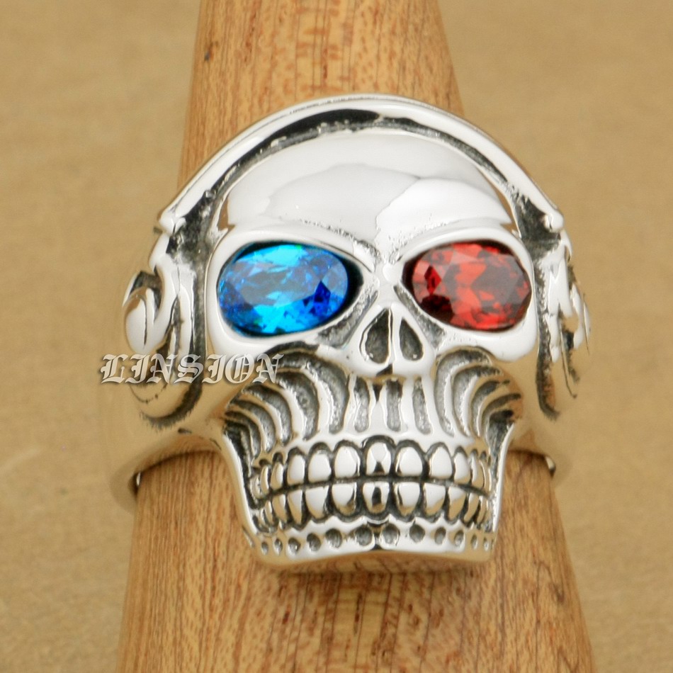 

LINSION Blue + Red CZ Eyes 925 Sterling Silver DJ Skull Studio Music Headphone Mens Boys Biker Rock Punk Ring 8Y711 US Size 7 to 15