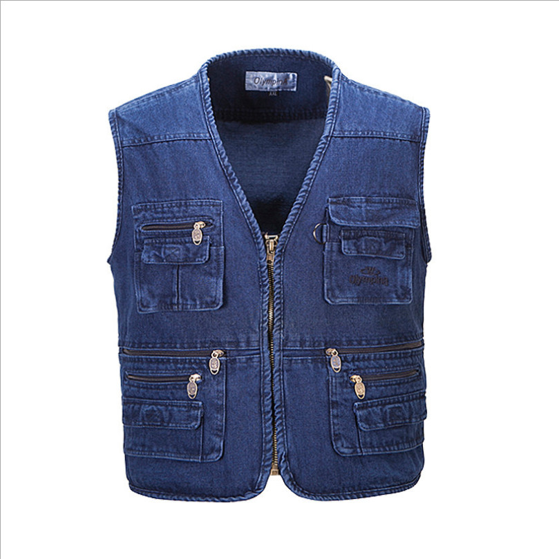 

Wholesale- New Hyweacvar Men's Multi Functional Work Vest Multi-Pocket Filming Photographer Denim Jeans Vest, As pic