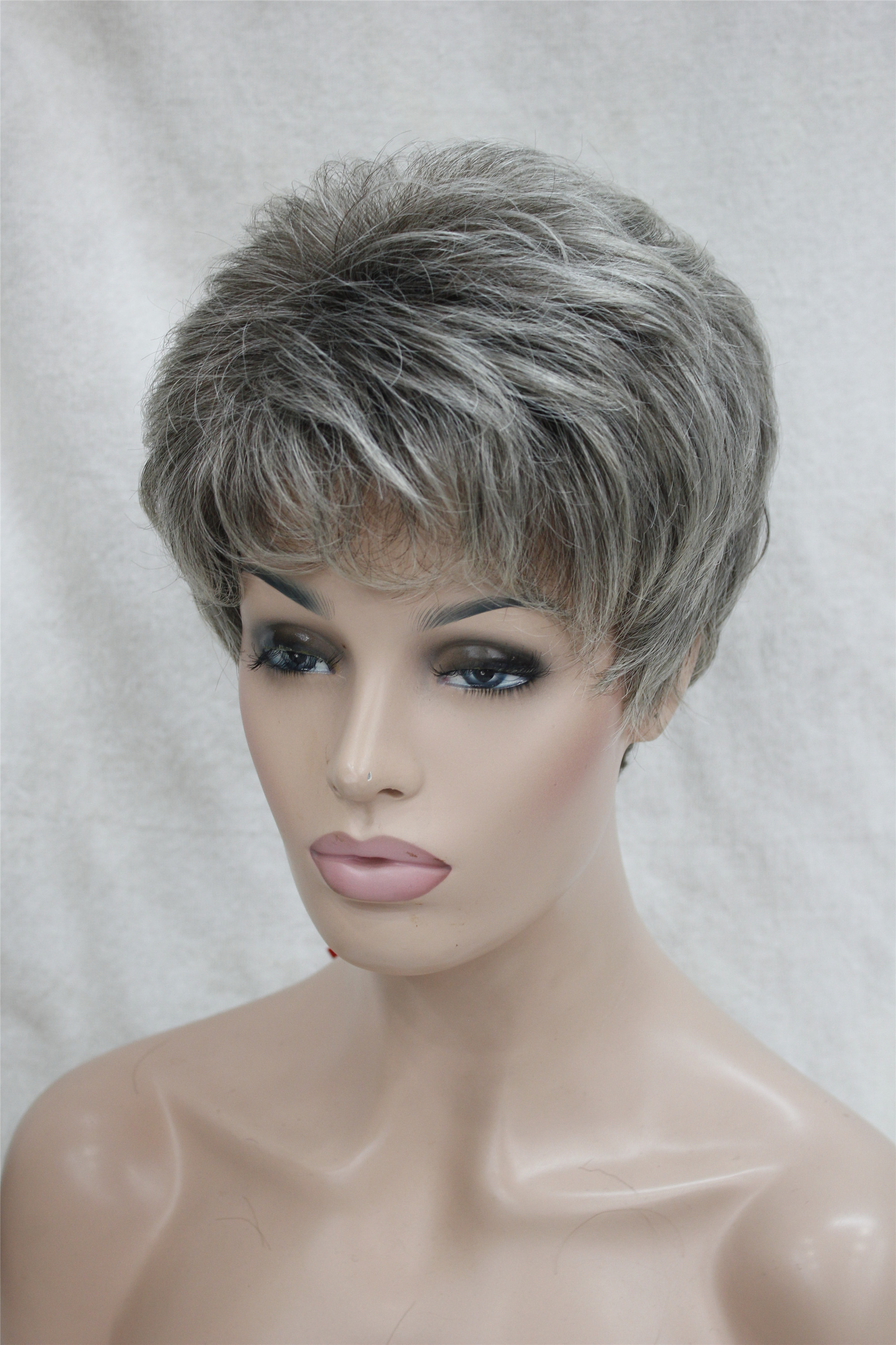 

Hot health Super Cute gray/grey mix brown root Short Straight Synthetic Hair Full Women's Wig, Black