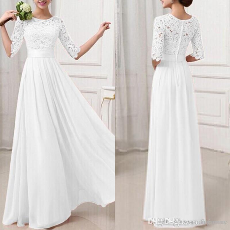 

Summer Beach Modest Wedding Dresses Sleeves Jewel Neckline A Line Floor Length White Lace and Chiffon Elegant Bridal Gowns Stock