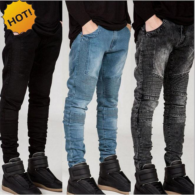 Mode 2017 Hot Stretch Slim Fit Pantalon Droit Plissé Piste Biker Jeans Hommes Blanc/Kaki/Noir/Gris/Bleu Bas Hommes 28-38