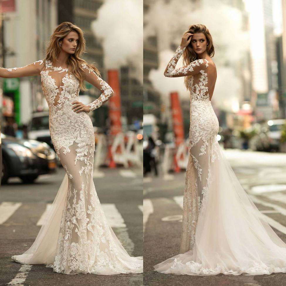 

Berta Lace Mermaid Wedding Dresses With Long Sleeves Sheer Plunging Neck Backless Bridal Gowns Sweep Train Appliques Wedding Dress, Silver