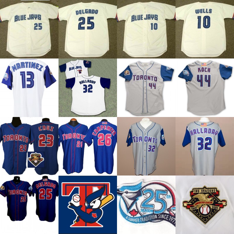 

2001 Toronto 25th Anniversary Patch 10 Vernon Wells 23 Jose Cruz 25 Carlos Delgado 26 Chris Carpenter 32 Roy Halladay Baseball Jerseys, 25 white 1