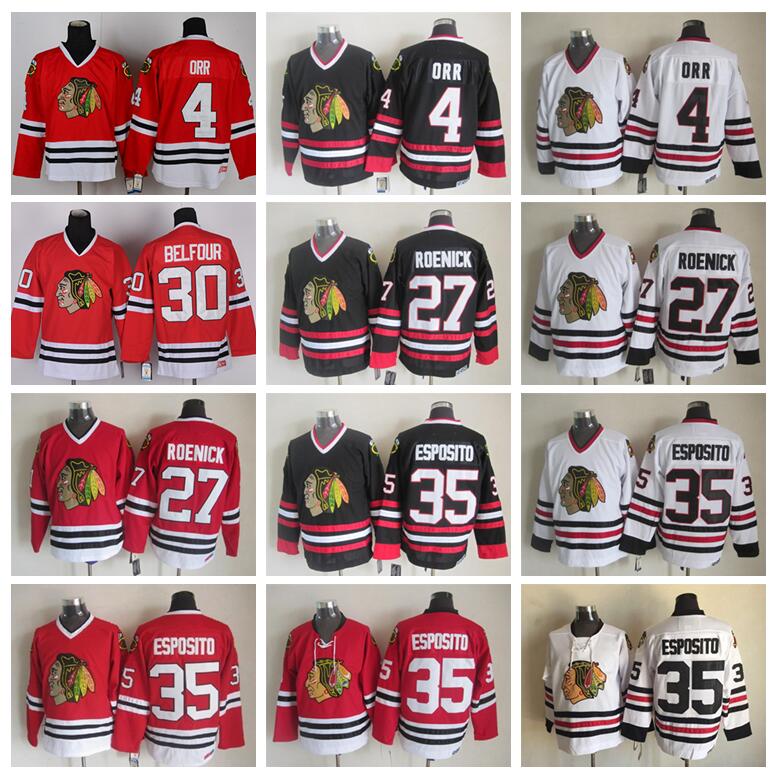 

Chicago Blackhawks 4 Bobby Orr Jersey Men Hockey 35 Tony Esposito 27 Jeremy Roenick 30 Ed Belfour Vintage CCM Black White Red, 27 white