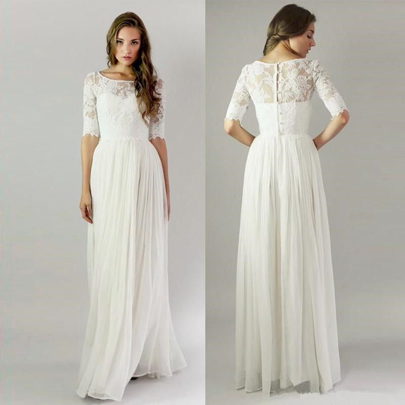 

Summer vintage wedding dresses with half sleeves applique lace long chiffon bridal dress china scoop neck buttons back wedding gowns, Champagne