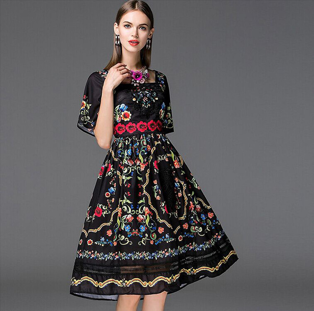 Haute Qualité Nouvelle Arrivée 2018 Femmes Encolure Carrée Manches Courtes Floral Broderie Imprimée Élégant Piste Robes Dans 2 Couleurs