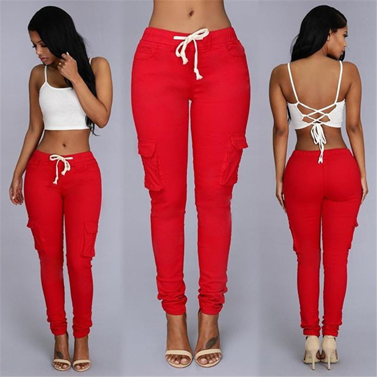 

4 Colors Ladies Casual Multi Pocket Pants Low Waist Solid Lacing Pencil Pants Capris Women Trousers Womens Pants LA310-2, Red