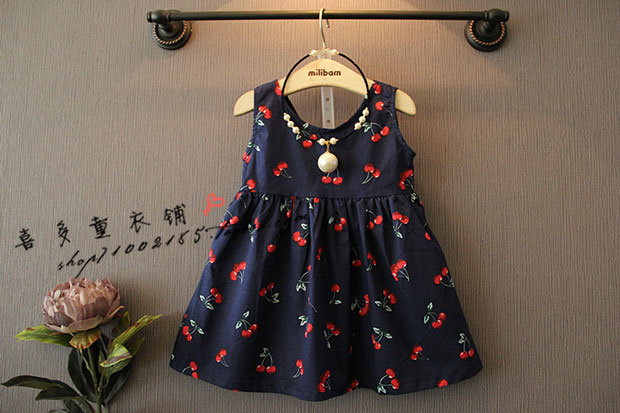 Girl In Summer 2017 New Children'S Clothing Clothing Pure Color Cartoon Cherry Girl Lovely Princess Dress Clothes 3-7Y-image-401319154