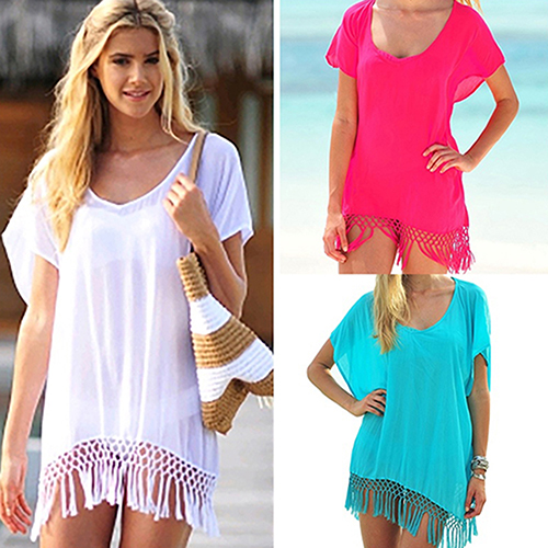 

Wholesale- Women Fashion Tassels Stitching Loose Sun Protection Top Up Dress 09WG, White