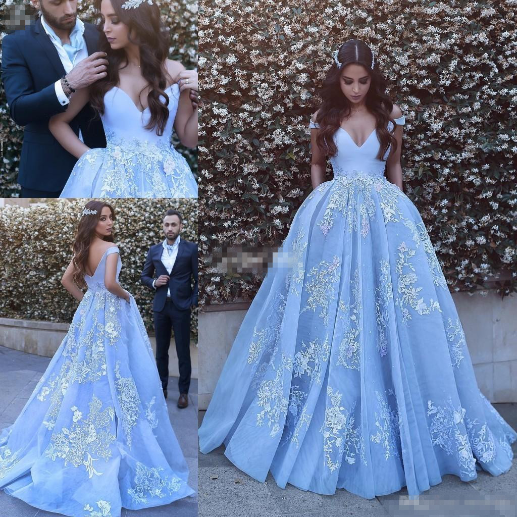 

New Design 2019 Sky Blue Long Prom Dresses Open Back Capped with Pocket Organza Appliqued Women Formal Pageant Dress Evening Gowns A-Line, Dark navy