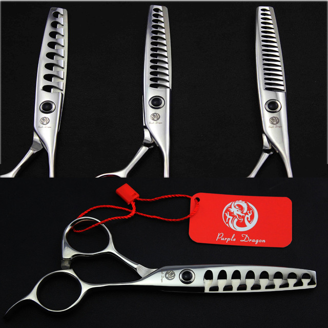 

Wholesale- purple dragon 440C High-end hair thinning scissors professional barber hairdressing thin scissors Teeth cut shears + bag